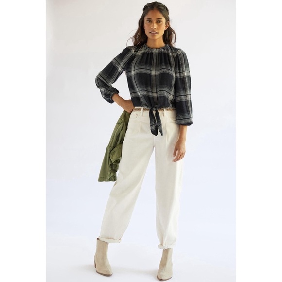 Anthropologie Cloth & Stone Plaid Tie Front Blouse Large - Picture 1 of 10
